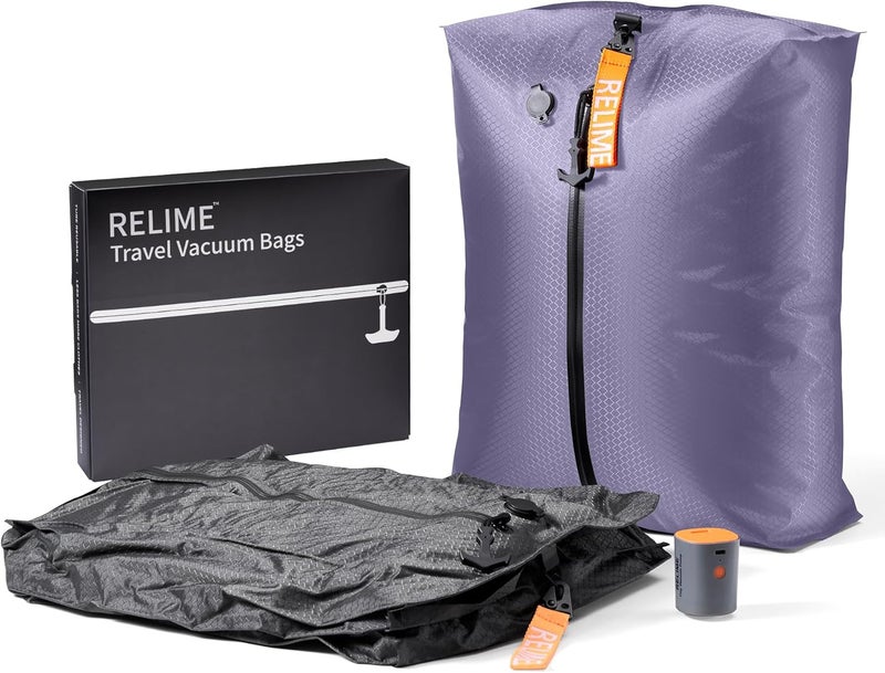 Relime Classic Series Vacuum Bags for Travel Luggage with Wireless Pump, Compression Bags for Carry On Suitcases and Backpack, Vacuum Seal Packing cube for Cloth Packing (2PC + PUMP Gray & Lavender) - Image 1